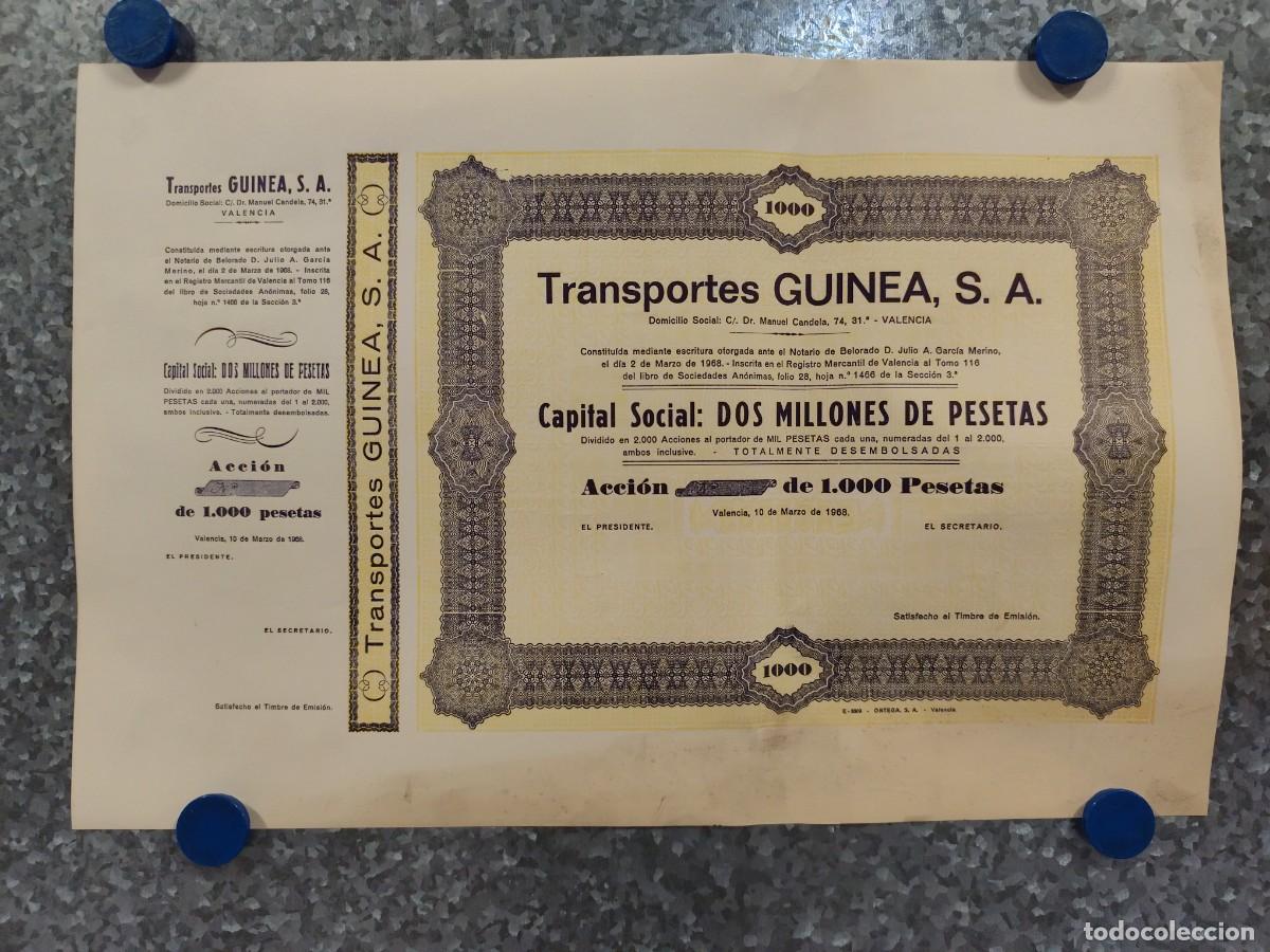 Coleccionismo acciones espa&ntilde;olas: ACCION DE 1000 PESETAS, TRANSPORTES GUINEA S.A. VALENCIA , A&Ntilde;O 1968.