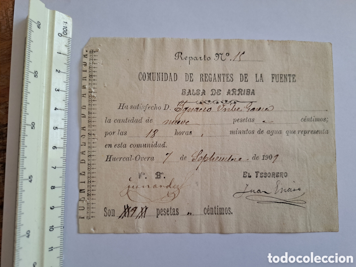 Coleccionismo acciones espa&ntilde;olas: Jml Reparto Comunidad regantes de la fuente Balsa de Arriba, Huercal Overa, Almeria, 1909. Aguas.