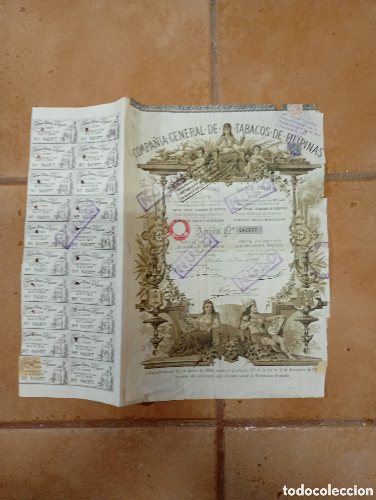 Sammeln von spanischen Wertpapieren: ANTIGUA ACCI&Oacute;N 1882 &iquest;9? CON 20 CUPONES ''COMPA&Ntilde;&Iacute;A GENERAL TABACOS DE FILIPINAS'' SELLOS DE NULO
