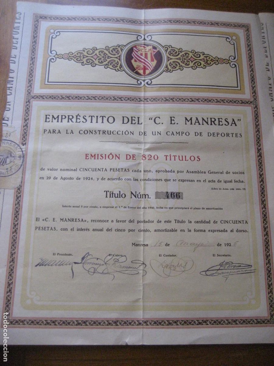 Collectionnisme Actions Espagne: Antigua acci&oacute;n Emprestito del centre d'Esports Manresa a&ntilde;o 1925 . construcci&oacute;n campo de futbol