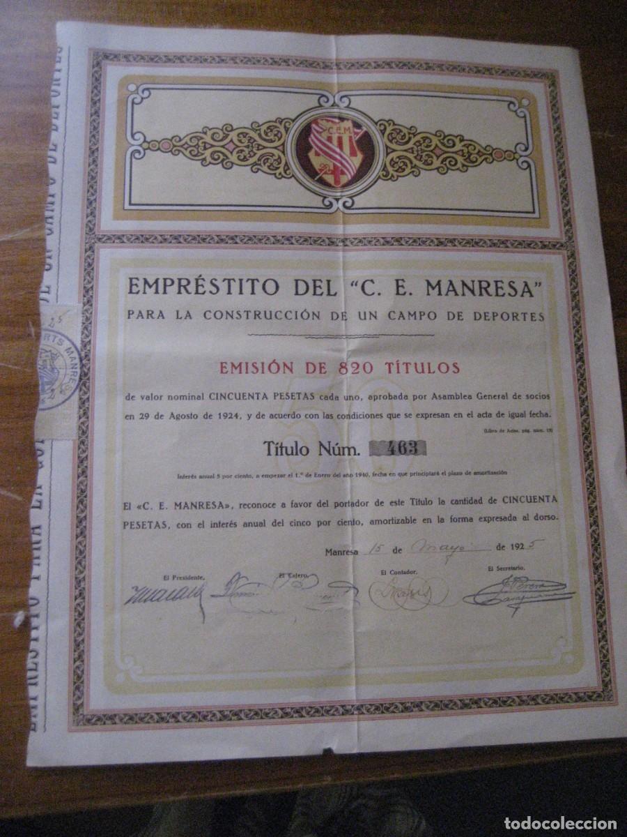 Collectables Spanish Shares: Antigua acci&oacute;n Emprestito del centre d'Esports Manresa a&ntilde;o 1925 . construcci&oacute;n campo de futbol