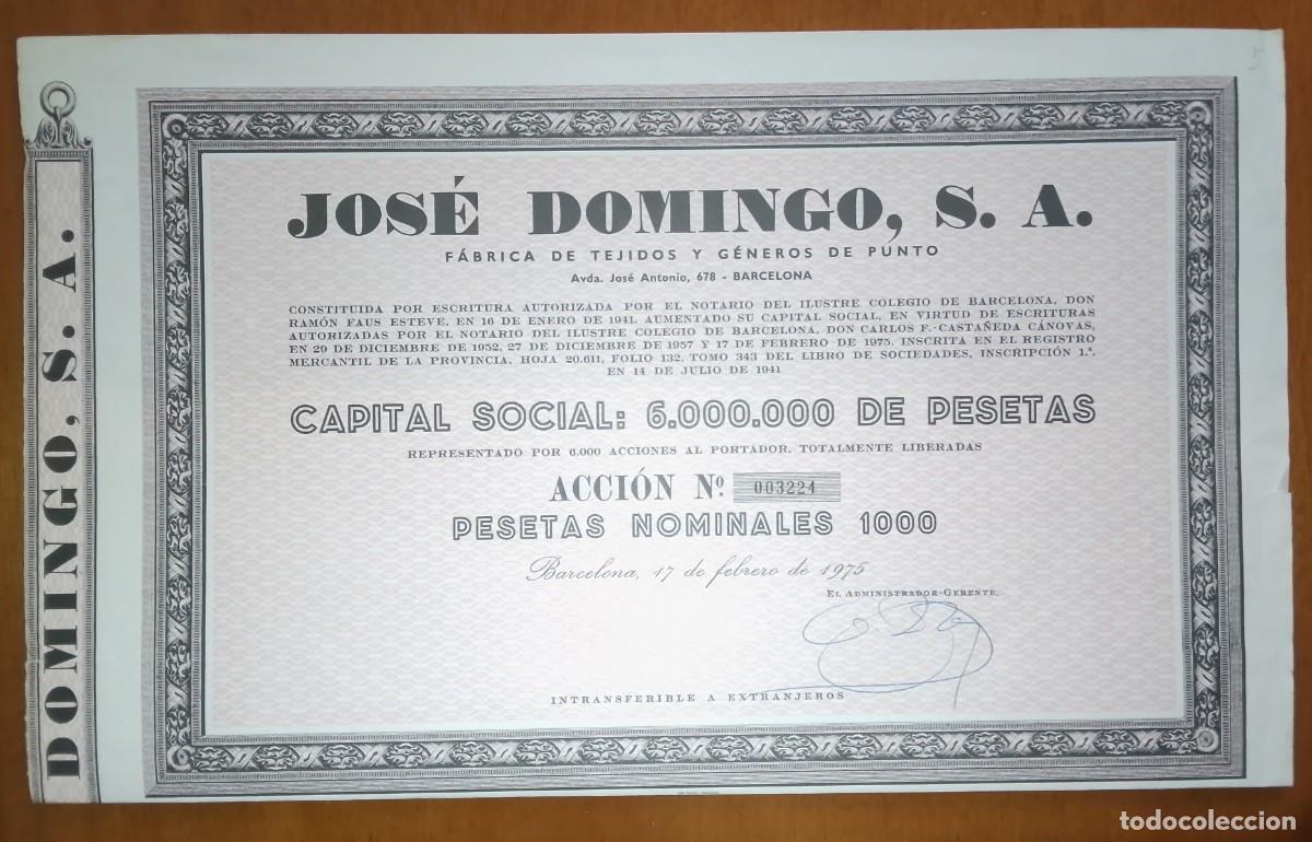 Coleccionismo acciones espa&ntilde;olas: Jos&eacute; Domingo. F&aacute;brica de tejidos y g&eacute;neros de punto. Barcelona. 1975