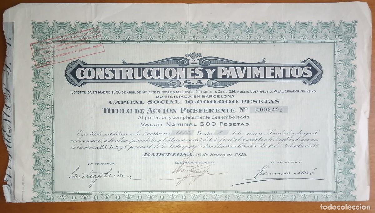 Coleccionismo acciones espa&ntilde;olas: Acci&oacute;n de Construcciones y Pavimentos. Barcelona. 1928
