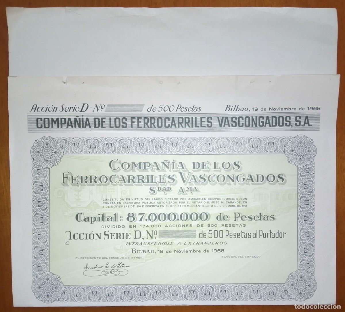 Coleccionismo acciones espa&ntilde;olas: PA&Iacute;S VASCO/EUSKADI. Compa&ntilde;&iacute;a de los ferrocarriles vascongados. Bilbao. 1968
