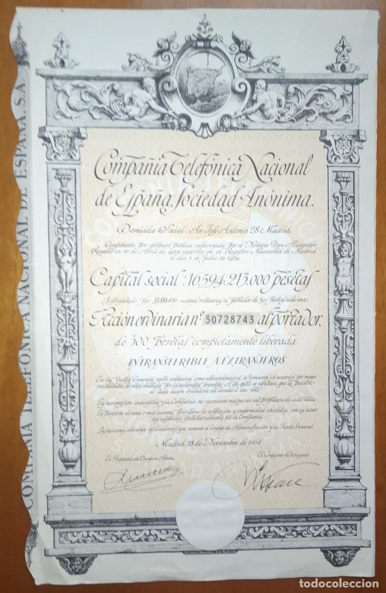 Coleccionismo acciones espa&ntilde;olas: Compa&ntilde;&iacute;a Telef&oacute;nica Nacional de Espa&ntilde;a. Madrid. 1964