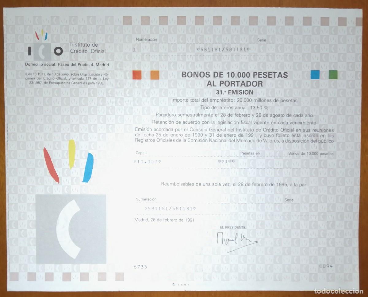 Coleccionismo acciones espa&ntilde;olas: Bono de 10000 Pesetas al portador. Instituto de Cr&eacute;dito Oficial. iCO. Madrid. 1991