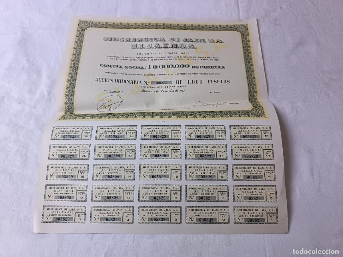 Coleccionismo acciones espa&ntilde;olas: Antigua acci&oacute;n espa&ntilde;ola, Siderurgia de Ja&eacute;n, Linares, 1957