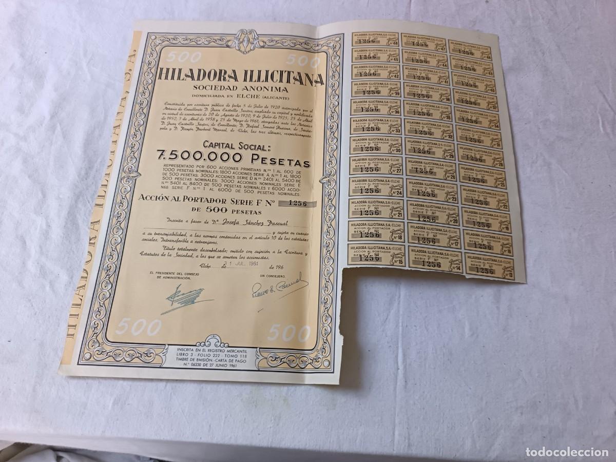 Coleccionismo acciones espa&ntilde;olas: Antigua acci&oacute;n espa&ntilde;ola, Hiladora Illicitana, Elche, 1961