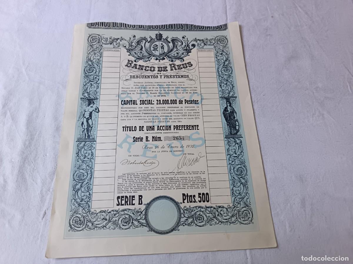 Coleccionismo acciones espa&ntilde;olas: Antigua acci&oacute;n espa&ntilde;ola, Banco de Reus, Reus, 1932