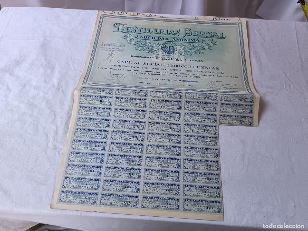 Coleccionismo acciones espa&ntilde;olas: Antigua acci&oacute;n espa&ntilde;ola, Destiler&iacute;as Bernal, Palmar, 1929