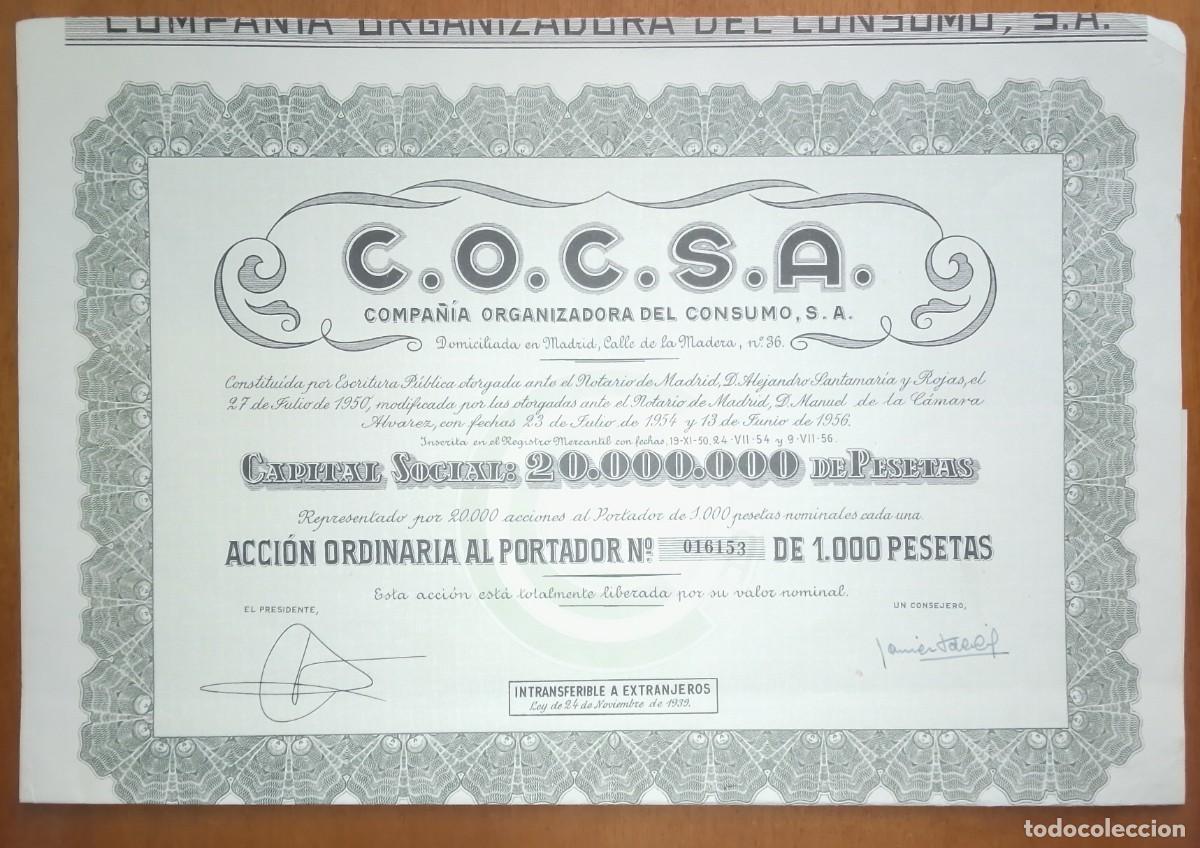 Coleccionismo acciones espa&ntilde;olas: Acci&oacute;n de COCSA. Compa&ntilde;&iacute;a organizadora del consumo. Madrid. 1956