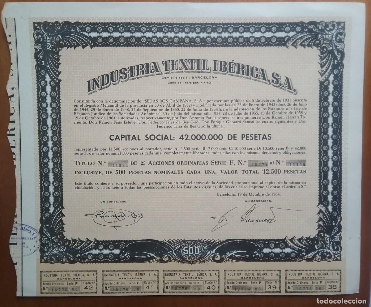 Coleccionismo acciones espa&ntilde;olas: Titulo de 25 acciones de Industria Textil Ib&eacute;rica. Barcelona. 1964