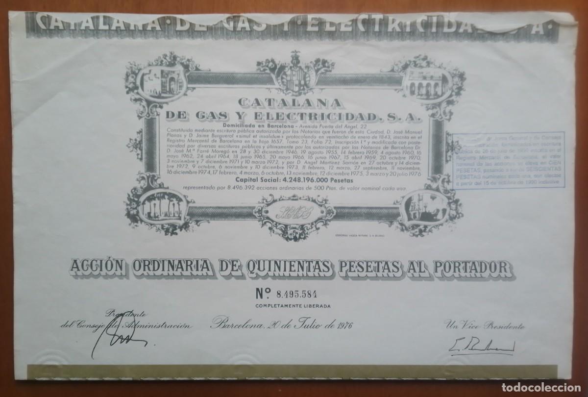 Coleccionismo acciones espa&ntilde;olas: Acci&oacute;n de Catalana de Gas y Electricidad. Barcelona. 1976