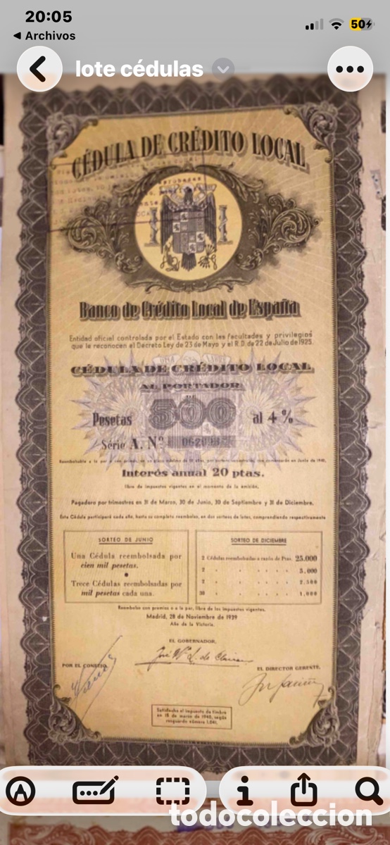 Coleccionismo acciones espa&ntilde;olas: Lote de C&eacute;dulas de Cr&eacute;dito Local 1939-1952 | Banco de Cr&eacute;dito Local | Varias series y emisiones