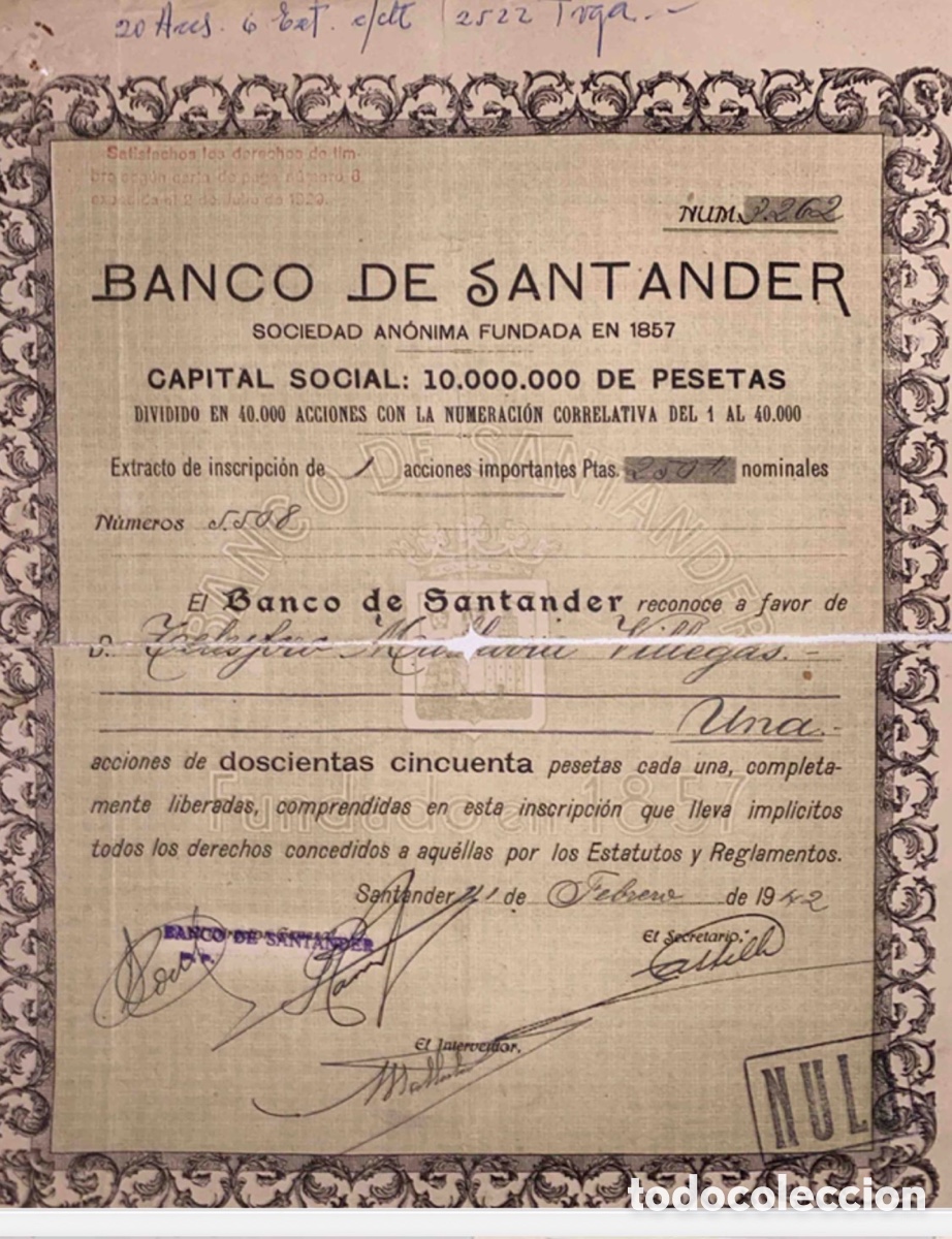 Coleccionismo acciones espa&ntilde;olas: Lote Banco de Santander | Acciones antiguas y cheques hist&oacute;ricos (1947-1948) | Escripofilia