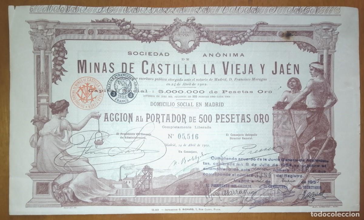 Coleccionismo acciones espa&ntilde;olas: Acci&oacute;n de Minas de Castilla la Vieja y Ja&eacute;n. Domiciliada en Madrid. 1902