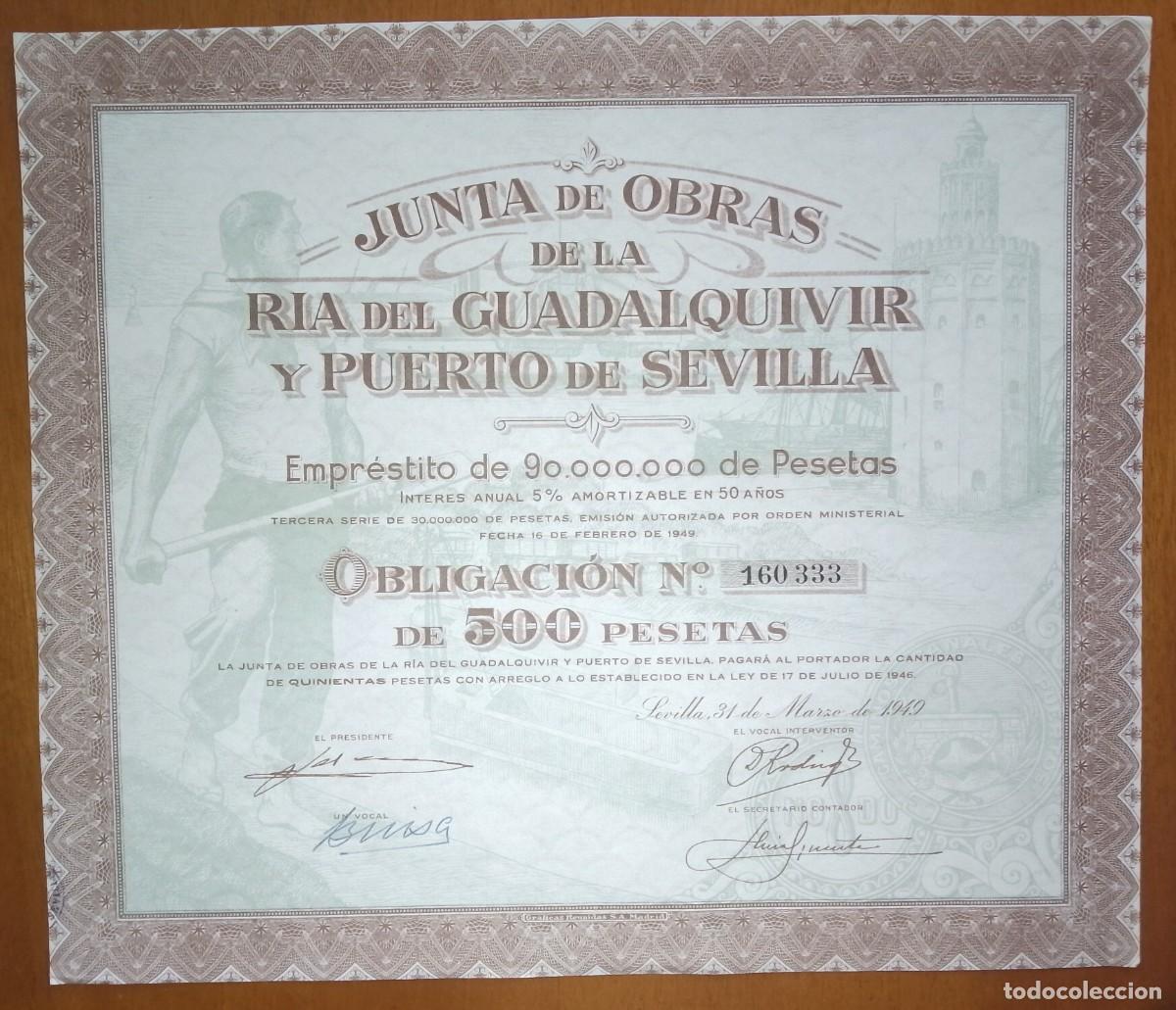 Coleccionismo acciones espa&ntilde;olas: ANDALUC&Iacute;A. Obligaci&oacute;n de la Junta de Obras de la R&iacute;a del Guadalquivir y Puerto de Sevilla. 1949