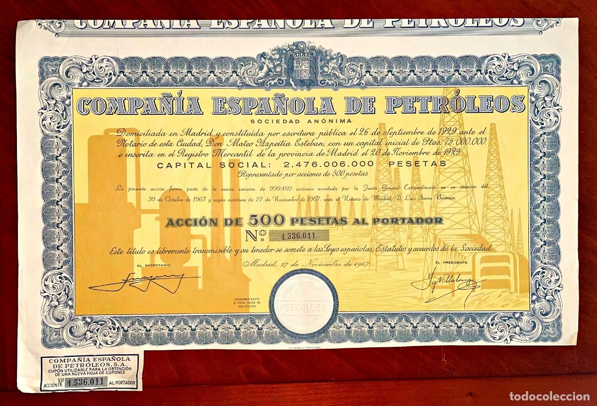 Coleccionismo acciones espa&ntilde;olas: Compa&ntilde;&iacute;a Espa&ntilde;ola de Petr&oacute;leos CEPSA 1967 acci&oacute;n