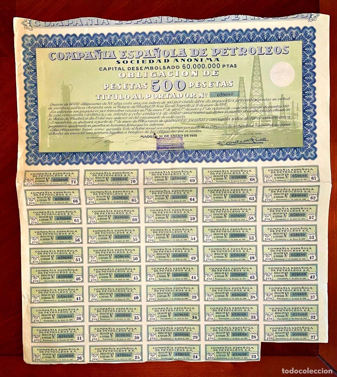 Sammeln von spanischen Wertpapieren: Compa&ntilde;&iacute;a Espa&ntilde;ola de Petr&oacute;leos CEPSA 1931 obligaci&oacute;n