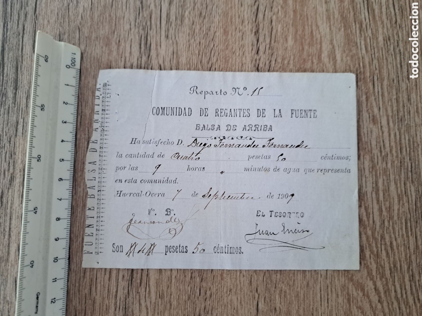 Coleccionismo acciones espa&ntilde;olas: Jml Accion Reparto Aguas, Comunidad de Regantes de la Fuente Balsa de Arriba, Huercal Overa, 1909.