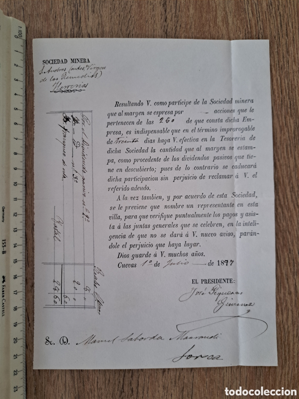 Sammeln von spanischen Wertpapieren: Jml Recibo reclamacion pago por Accion Sociedad Minera Virgen de los Remedios, Herrerias Cuevas 1897