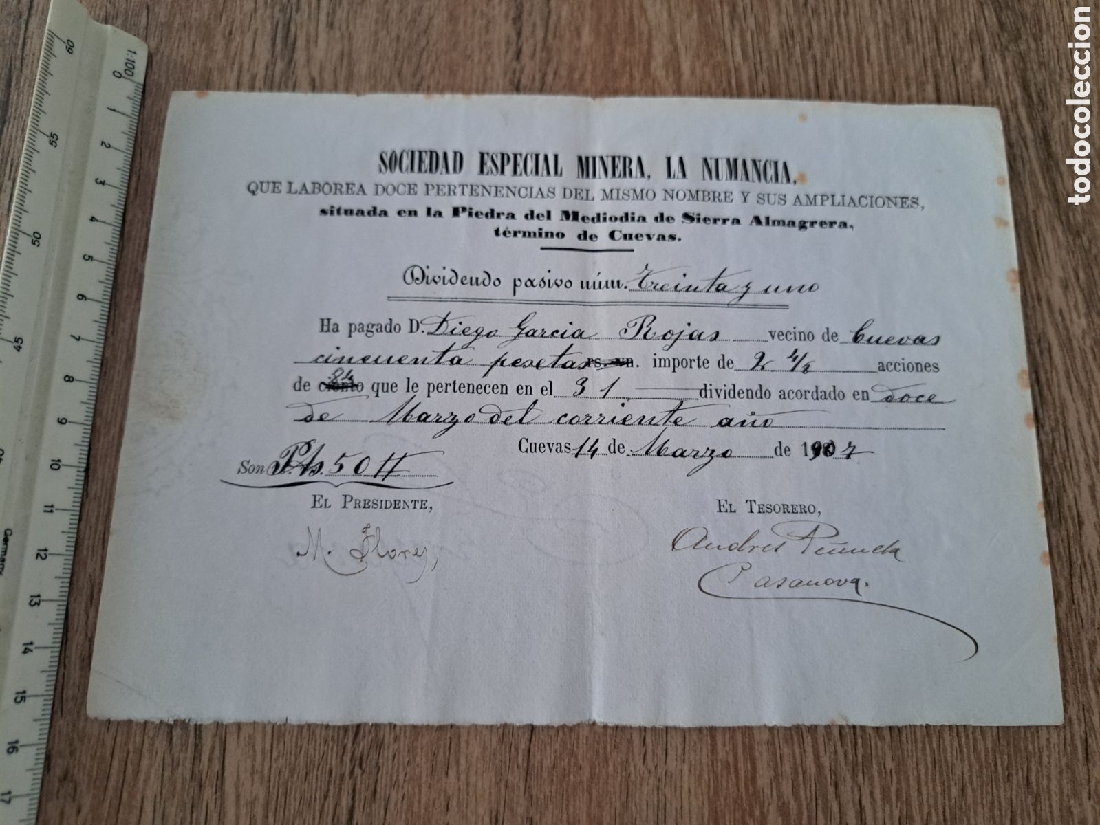 Sammeln von spanischen Wertpapieren: Jml Reparto Dividendo Accion Sociedad Esp. Minera La Numancia, Sierra Almagrera Cuevas Almeria 1907