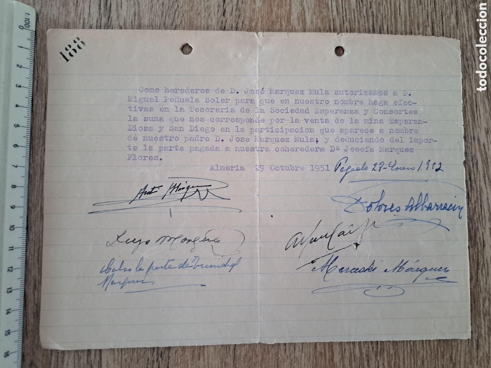 Coleccionismo acciones espa&ntilde;olas: Jml Autorizacion Venta Mina Esperanza, Diosa y San Diego. MARQUEZ, S. Almagrera, Cuevas Almeria 1952