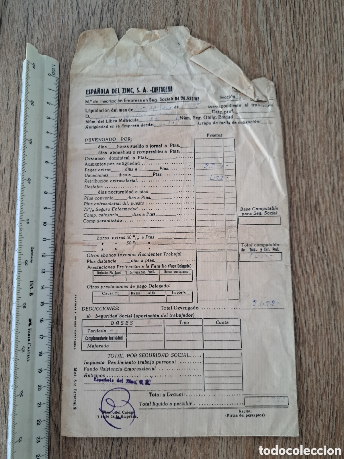 Sammeln von spanischen Wertpapieren: Jml Sobre cobro Sociedad Minera Espa&ntilde;ola de Zinc-Cartagena, S. Almagrera, Cuevas, Almeria. A&ntilde;os 1970