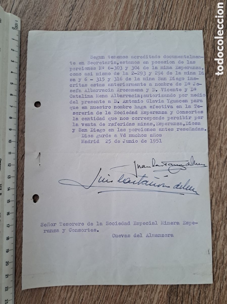 Sammeln von spanischen Wertpapieren: Jml Documento autorizacion venta partes minas Sociedad Esperanza y Consortes S.Almagrera Cuevas 1951