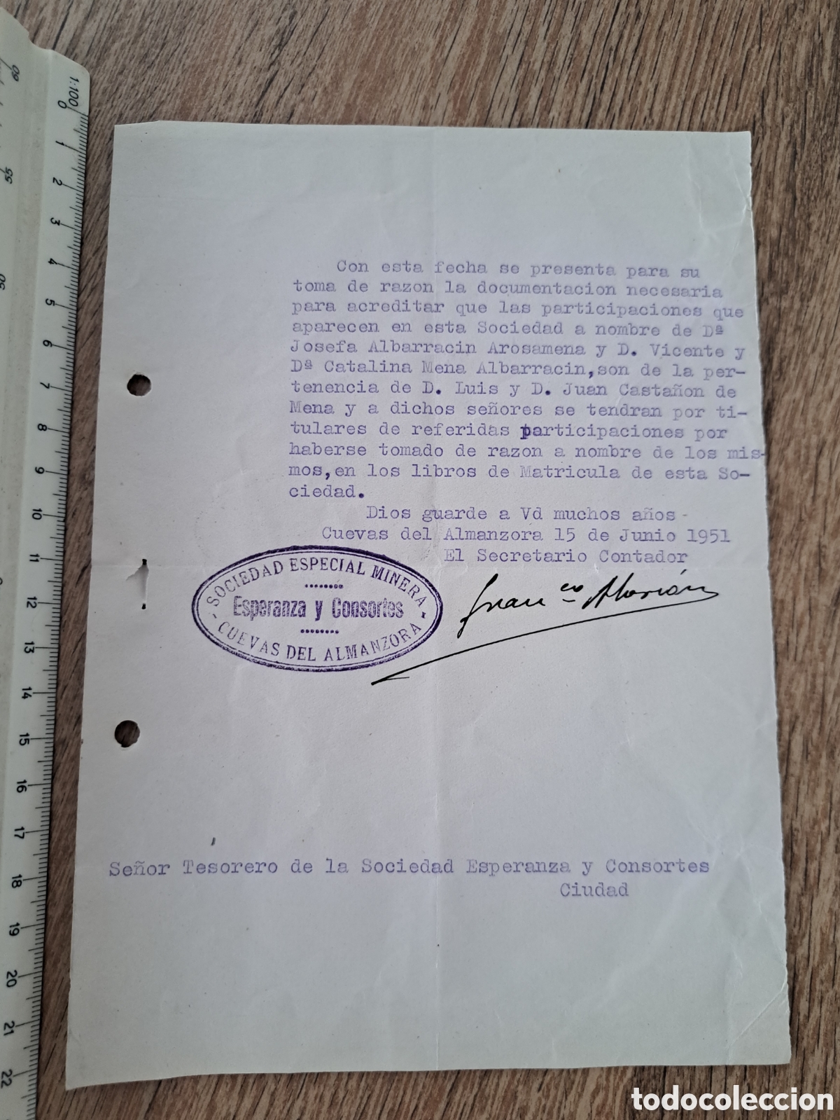 Coleccionismo acciones espa&ntilde;olas: Jml Justificante Titularidad Accionistas Sociedad Esp.Minera Esperanza Consortes Cuevas Almeria 1951