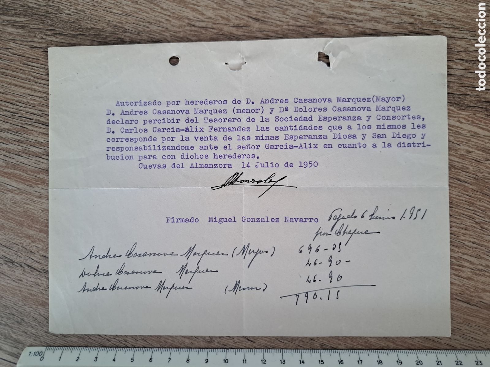 Sammeln von spanischen Wertpapieren: Jml Autorizacion Herederos para venta Minas Esperanza, Diosa y San Diego, Almagrera, Cuevas, Almeria