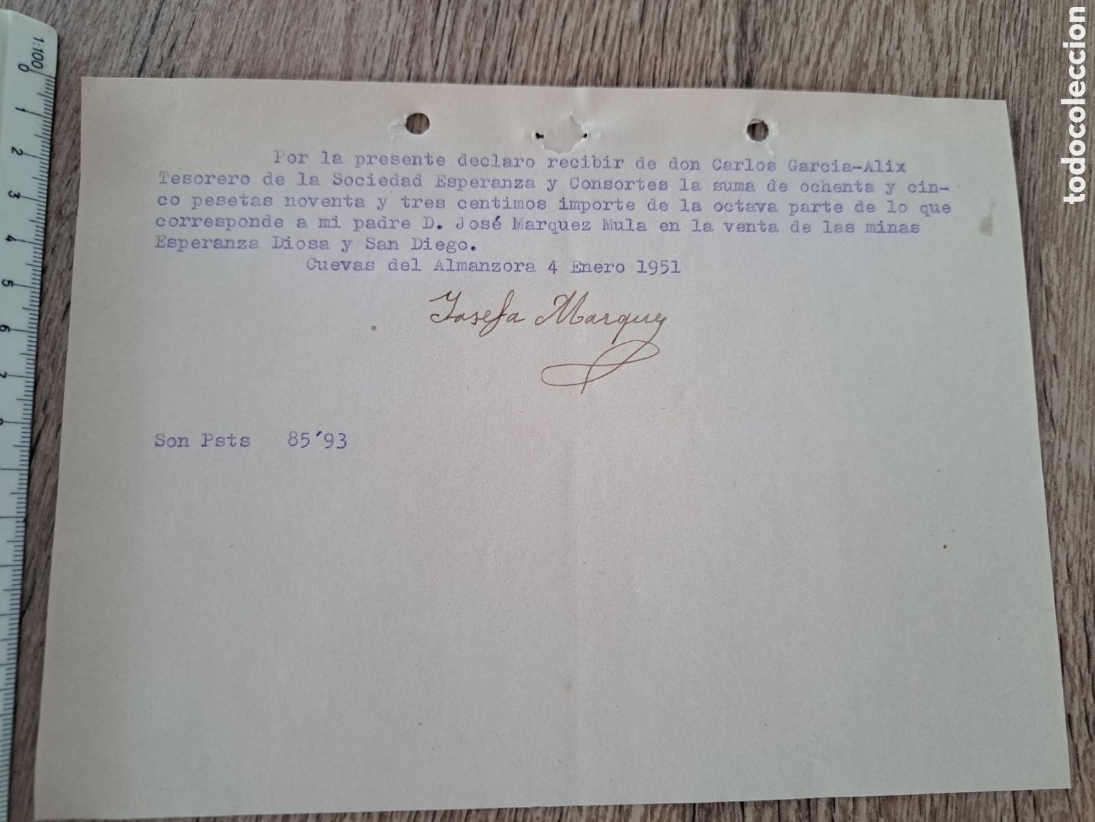 Sammeln von spanischen Wertpapieren: Jml Pago octava parte accion por venta Minas Esperanza y Consortes Garcia-Alix Cuevas, Almeria 1951