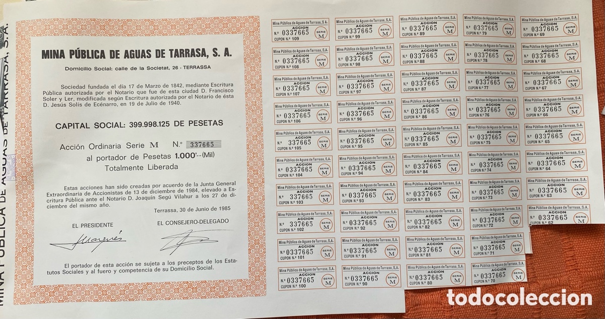 Collectables Spanish Shares: acciones espa&ntilde;olas mina de agua de terrasa y valencia