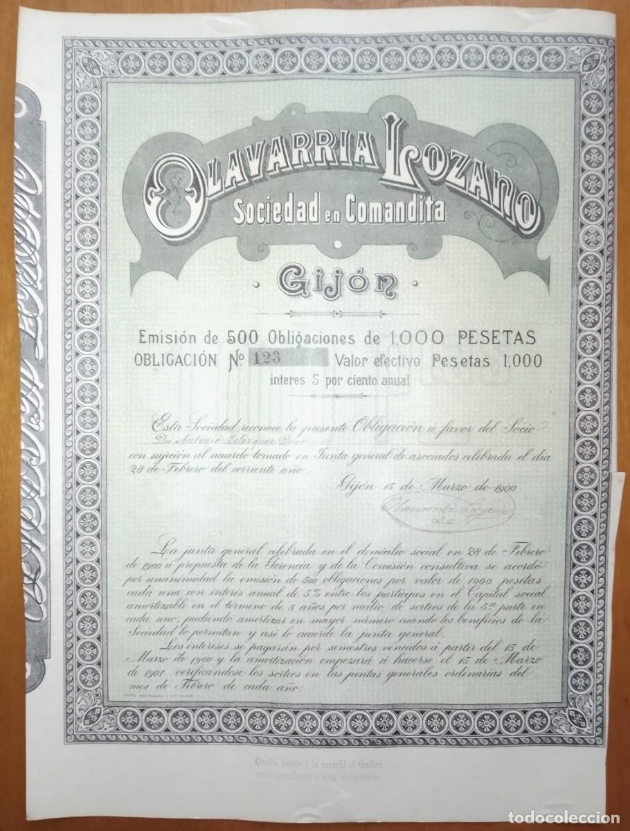 Coleccionismo acciones espa&ntilde;olas: ASTURIAS. Olavarr&iacute;a Lozano. Sociedad en comandita. Gijon. 1900