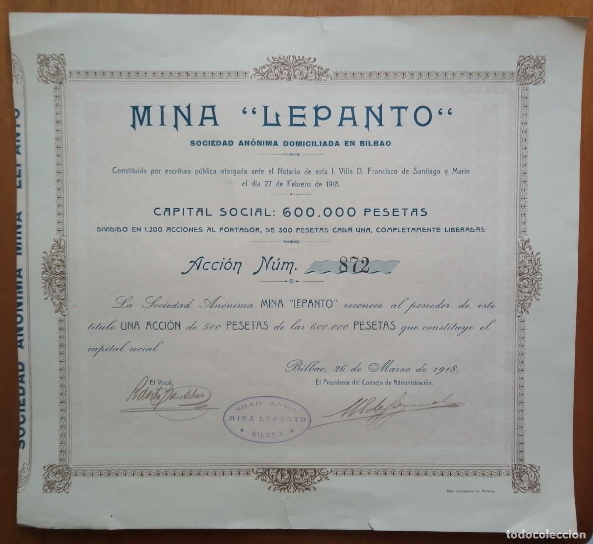 Coleccionismo acciones espa&ntilde;olas: PA&Iacute;S VASCO/EUSKADI. Acci&oacute;n de Mina Lepanto. Bilbao. 1918