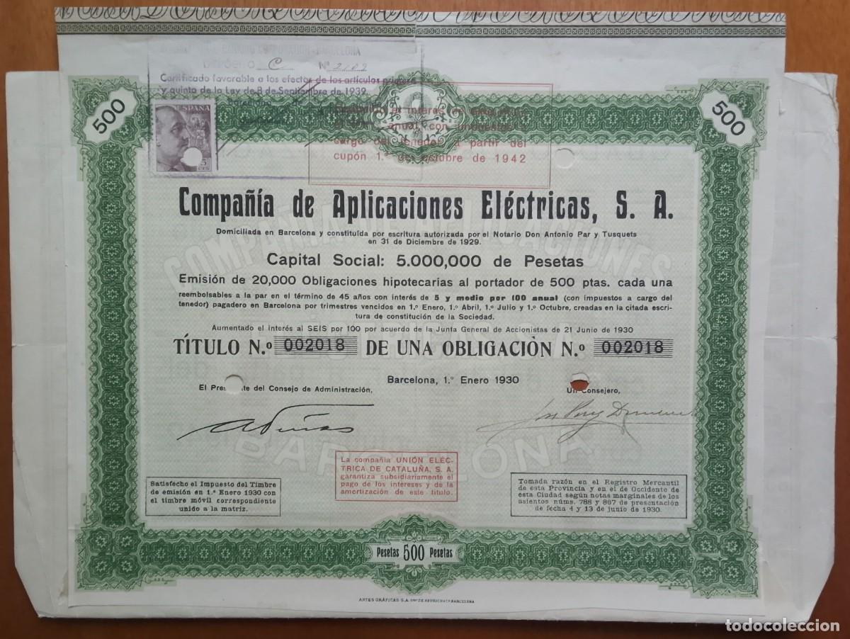 Coleccionismo acciones espa&ntilde;olas: Compa&ntilde;&iacute;a de Aplicaciones El&eacute;ctricas. Barcelona. 1930