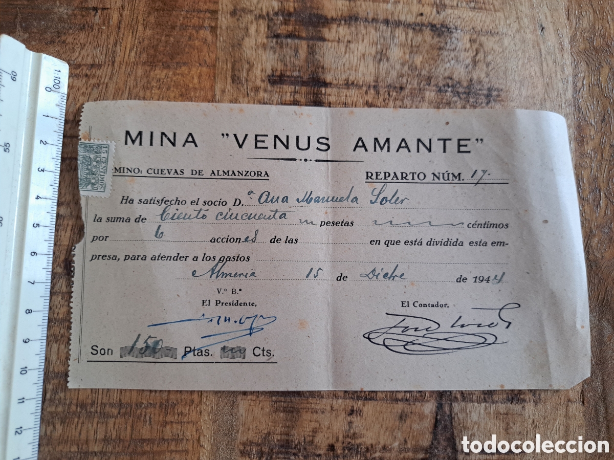 Coleccionismo acciones espa&ntilde;olas: Jml Accion, Reparto minero Mina Venus Amante, Sierra Almagrera, Cuevas Almanzora, Almeria, 1944. Ver