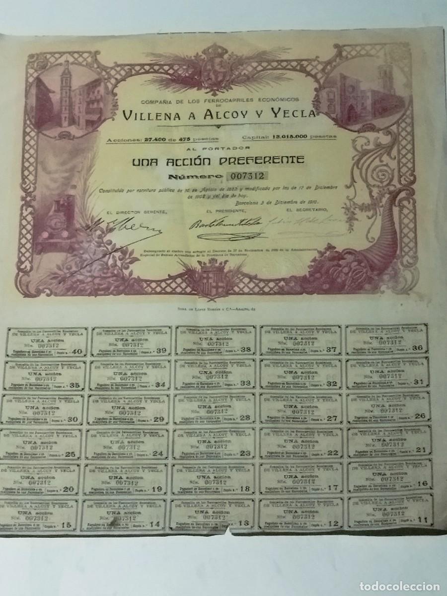 Collectionnisme Actions Espagne: ANTIGUA ACCION COMPA&Ntilde;IA DE LOS FERROCARRILES ECONOMICOS VILLENA A ALCOY Y YECLA, BARCELONA.A&Ntilde;O.1910