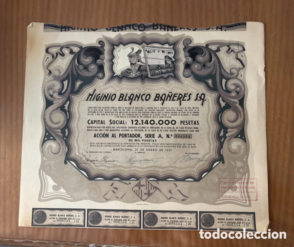 Collectables Spanish Shares: Acci&oacute;n Higinio Blanco Ba&ntilde;eres, S.A. 1951