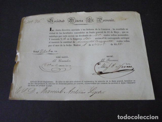 Coleccionismo acciones espa&ntilde;olas: SOCIEDAD MINERA DEL PORVENIR ASTURIAS MIERES Y LENA DOCUMENTO ACCION 1855