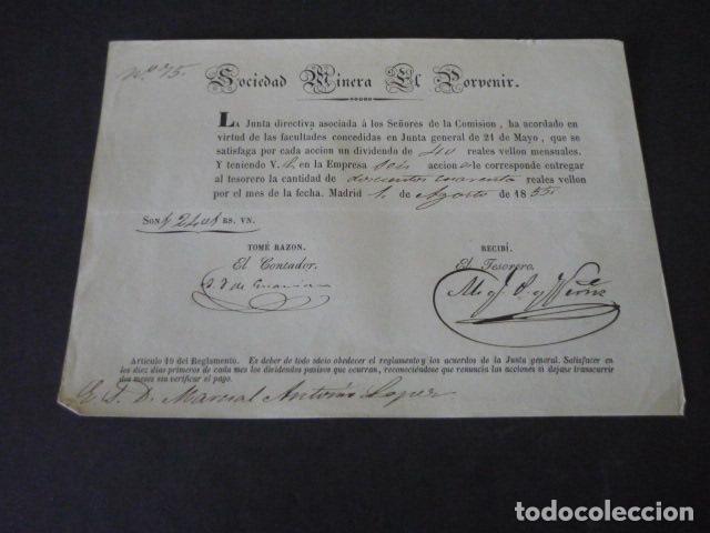 Coleccionismo acciones espa&ntilde;olas: SOCIEDAD MINERA DEL PORVENIR ASTURIAS MIERES Y LENA DOCUMENTO ACCION 1855