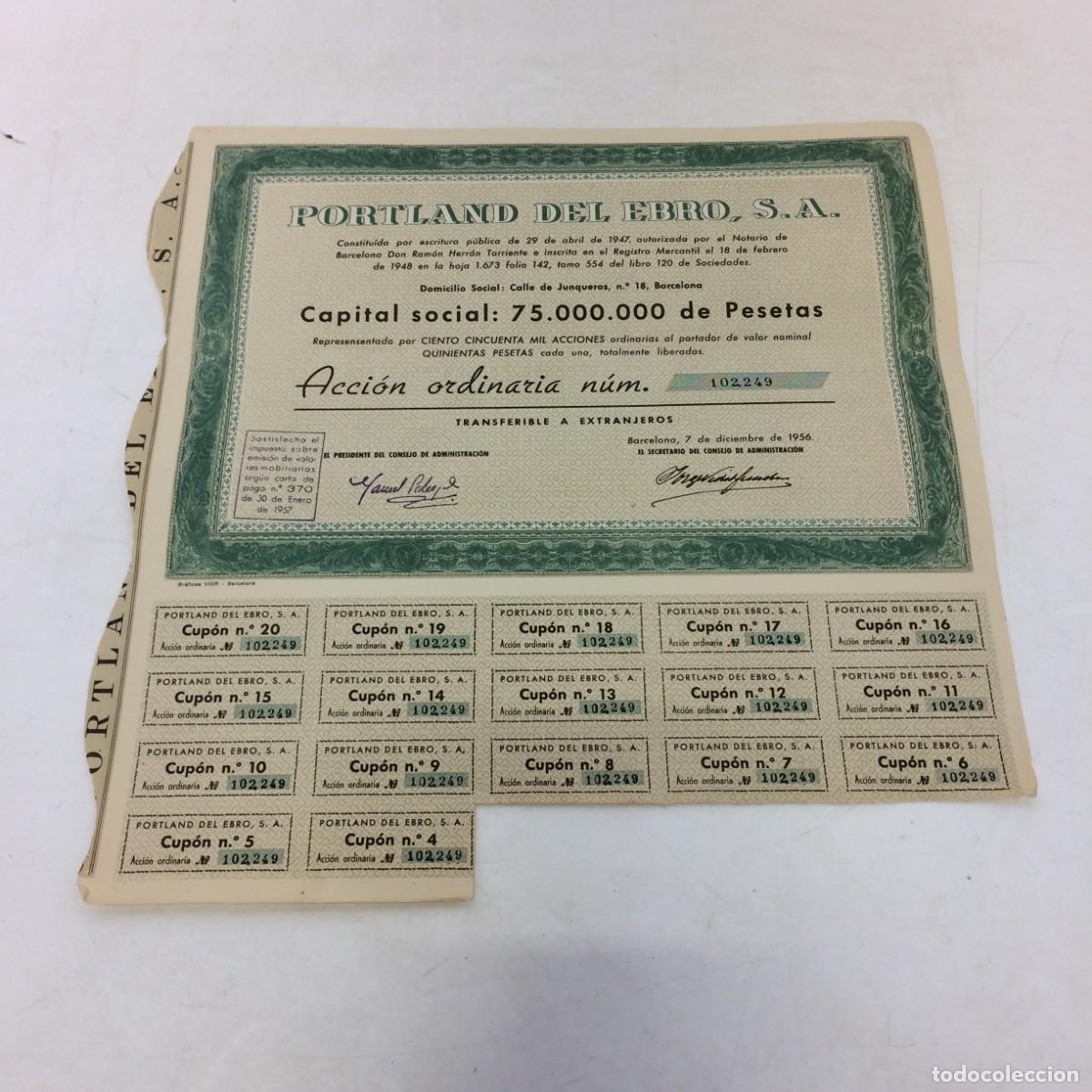 Coleccionismo acciones espa&ntilde;olas: Acci&oacute;n Espa&ntilde;ola: Portland Del Ebro, S.A. - Barcelona 1956 - cupones 4-20