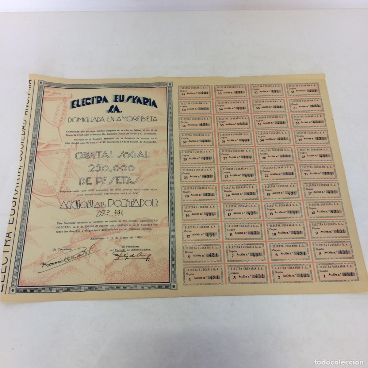 Coleccionismo acciones espa&ntilde;olas: Acci&oacute;n Espa&ntilde;ola: Electra Euskaria S.A. Amorebieta 1935 - 44 cupones