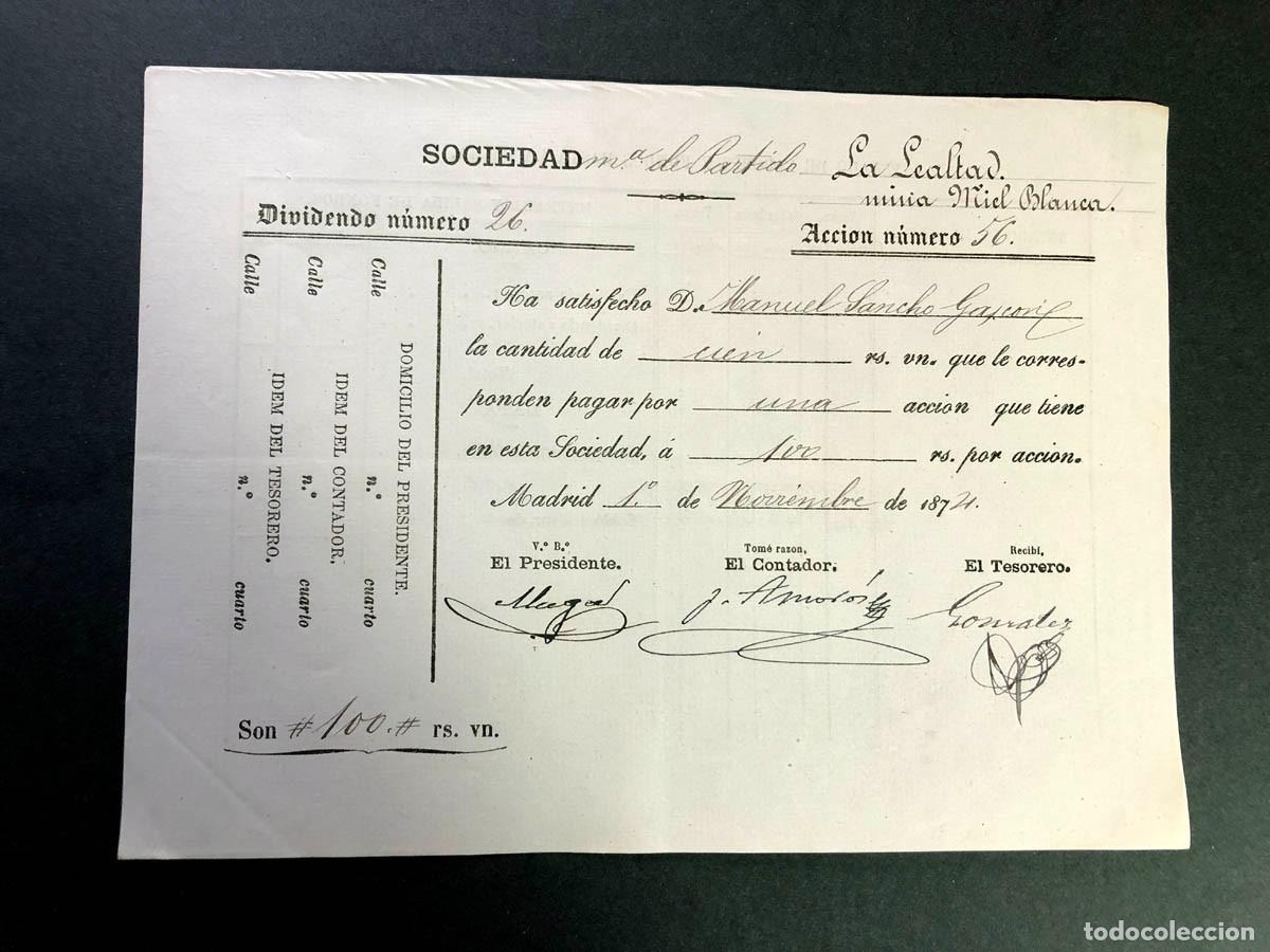 Collectionnisme Actions Espagne: ALMER&Iacute;A CUEVAS DE ALMANZORA / SOCIEDAD MINERA LA LEALTAD ( MINA MIEL BLANCA ) COMPRA ACCI&Oacute;N 1874