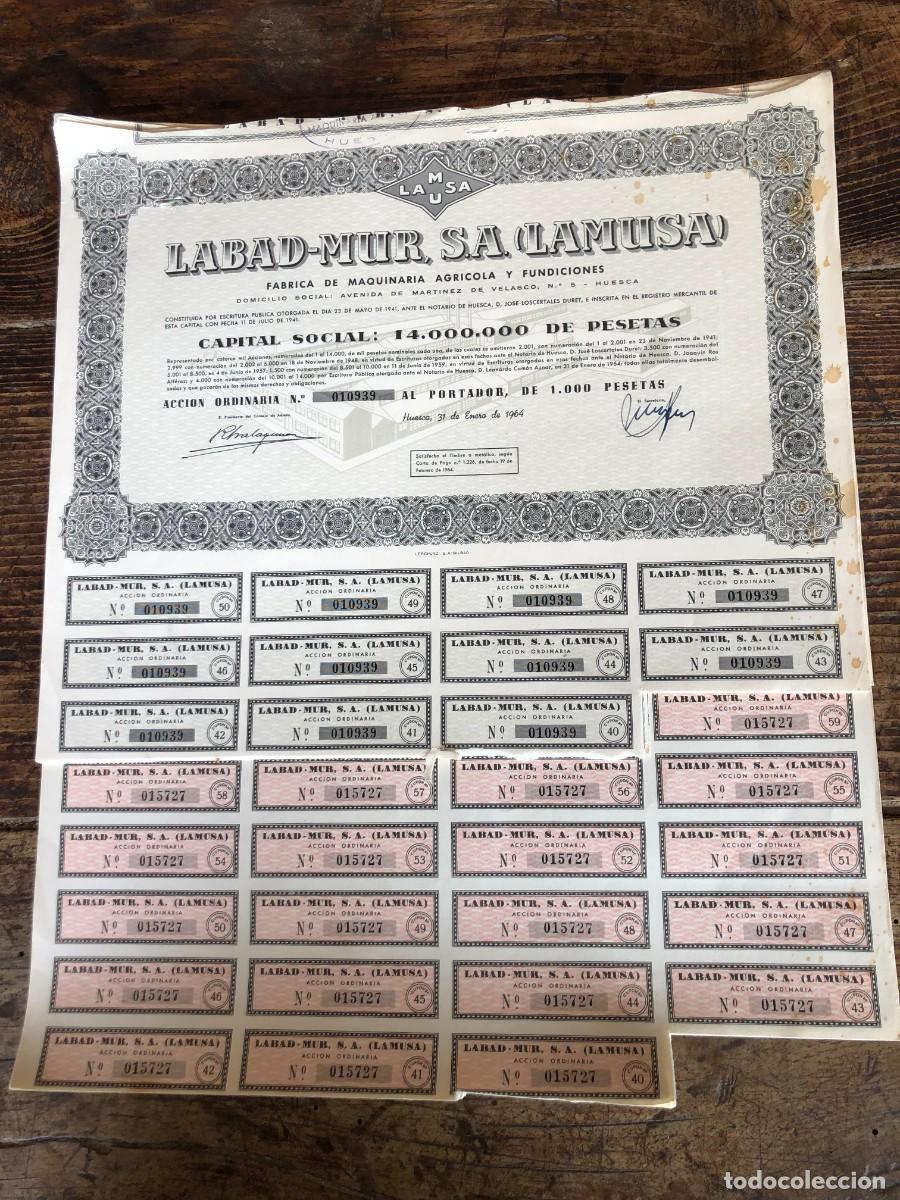 Coleccionismo acciones espa&ntilde;olas: LOTE DE ACCIONES LABAD-MUR (LAMUSA), 1964