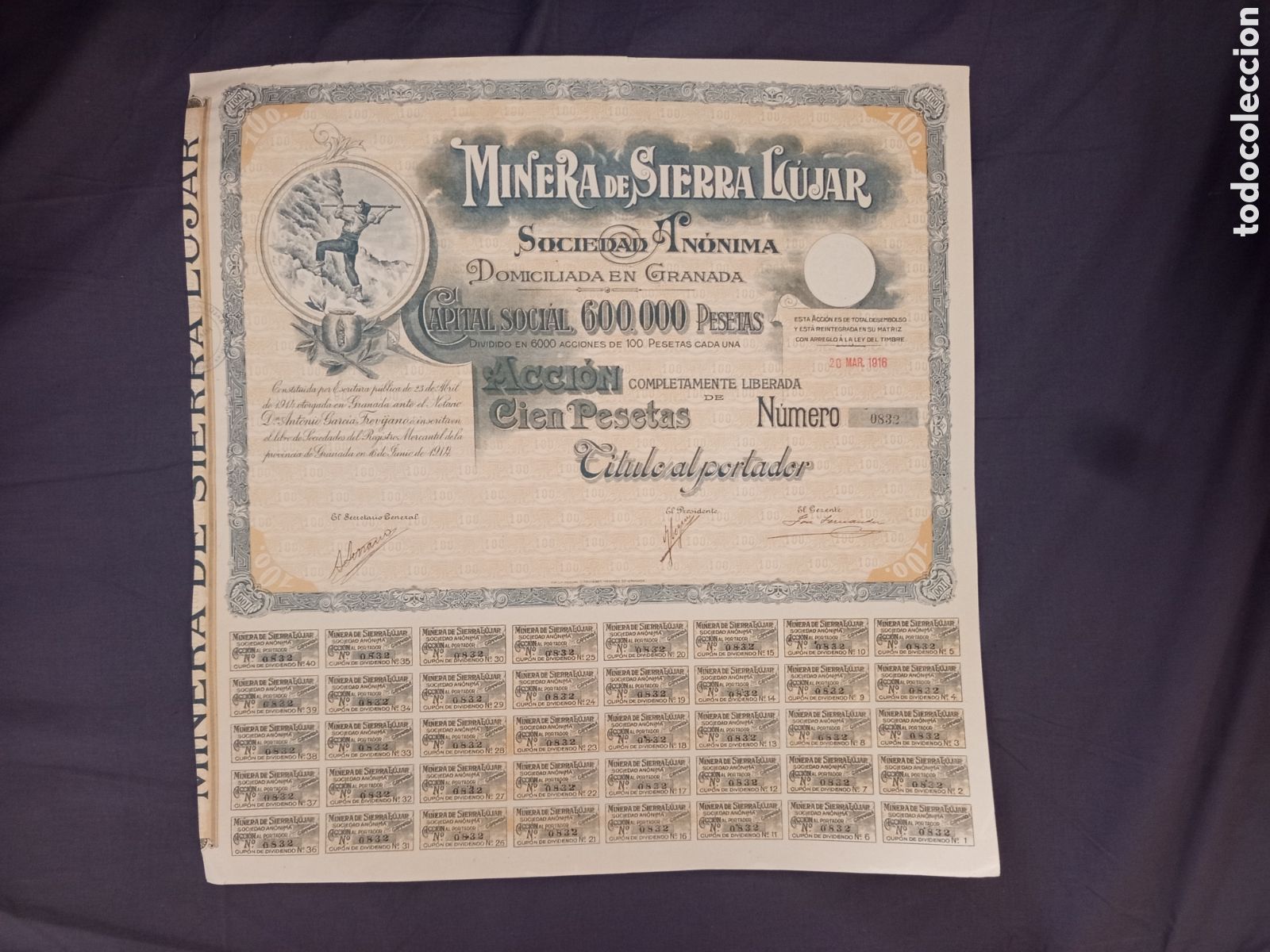 Coleccionismo acciones espa&ntilde;olas: Acciones minera sierra de lujar Granada 1916