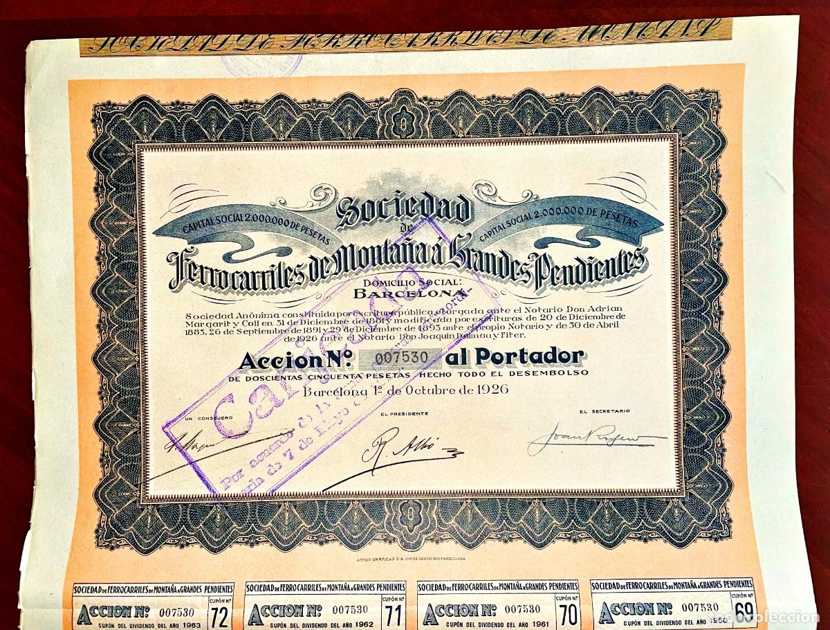 Coleccionismo acciones espa&ntilde;olas: FERROCARRILES DE MONTA&Ntilde;A A GRANDES PENDIENTES Barcelona,1926 acci&oacute;n emitida y cancelada .