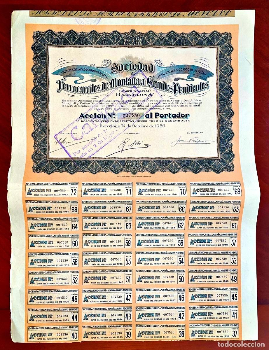 Colecionismo A&ccedil;&otilde;es Espanholas: FERROCARRILES DE MONTA&Ntilde;A A GRANDES PENDIENTES Barcelona,1926 acci&oacute;n emitida y cancelada .