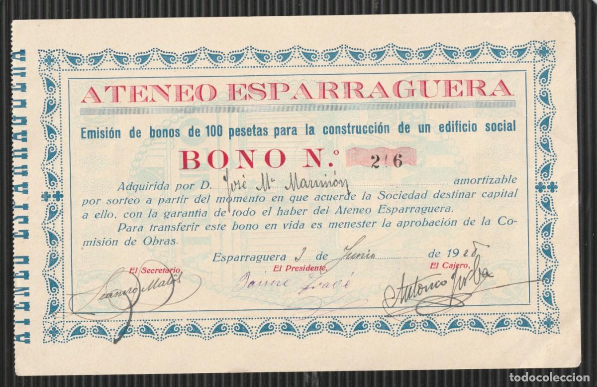 Coleccionismo acciones espa&ntilde;olas: Ateneo Esparraguera Bono de 100 Pesetas 1925
