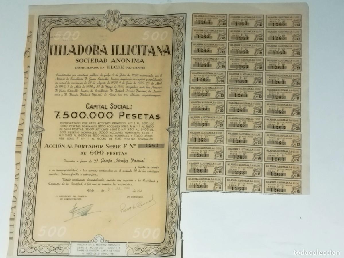 Coleccionismo acciones espa&ntilde;olas: 1961, Antigua Acci&oacute;n, Hiladora Ilicitana S. A., Elche, con cupones.